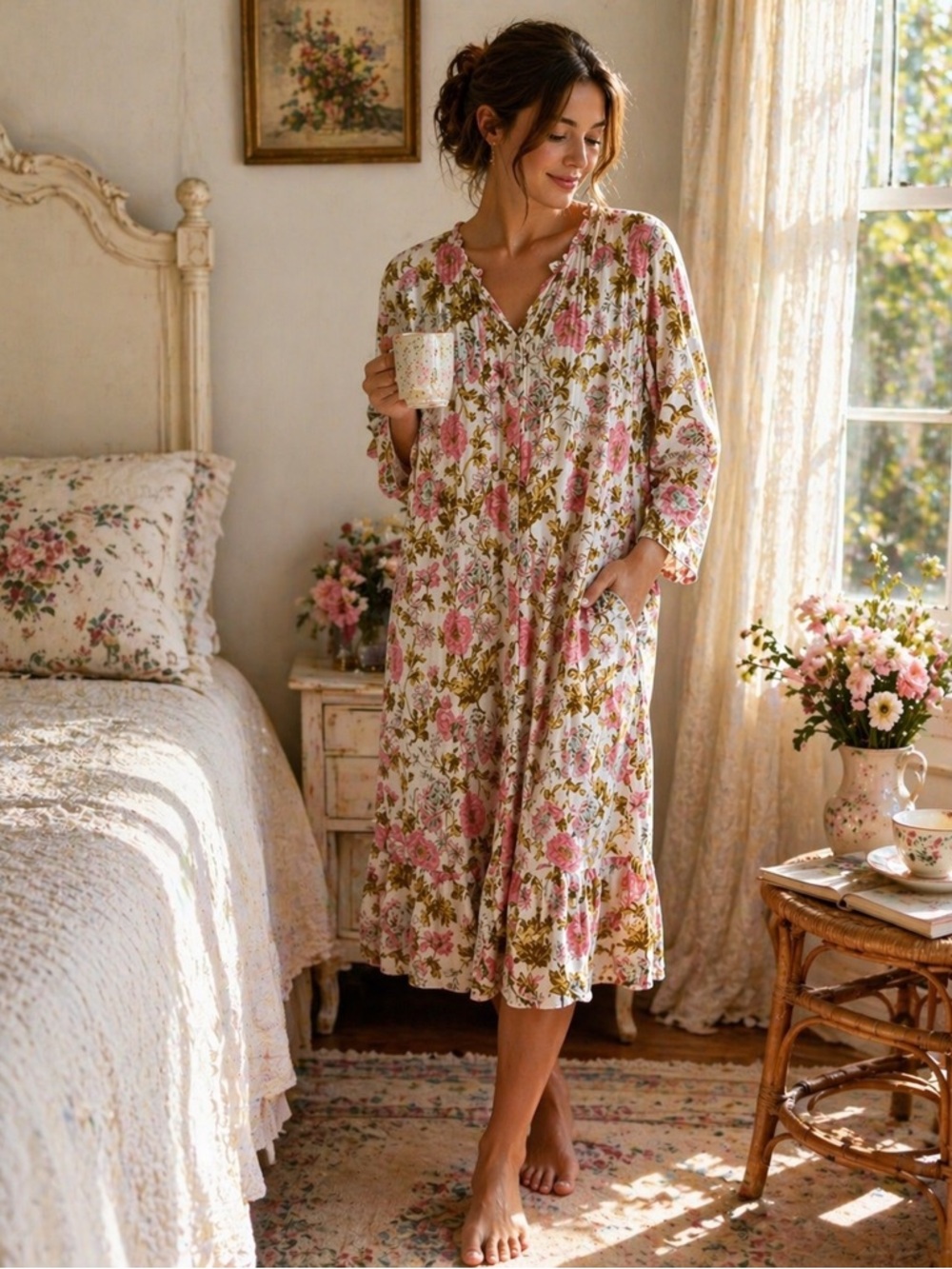 La Cera Floral Nightgown House Dress Cottagecore Prairie XL Button Front Pockets